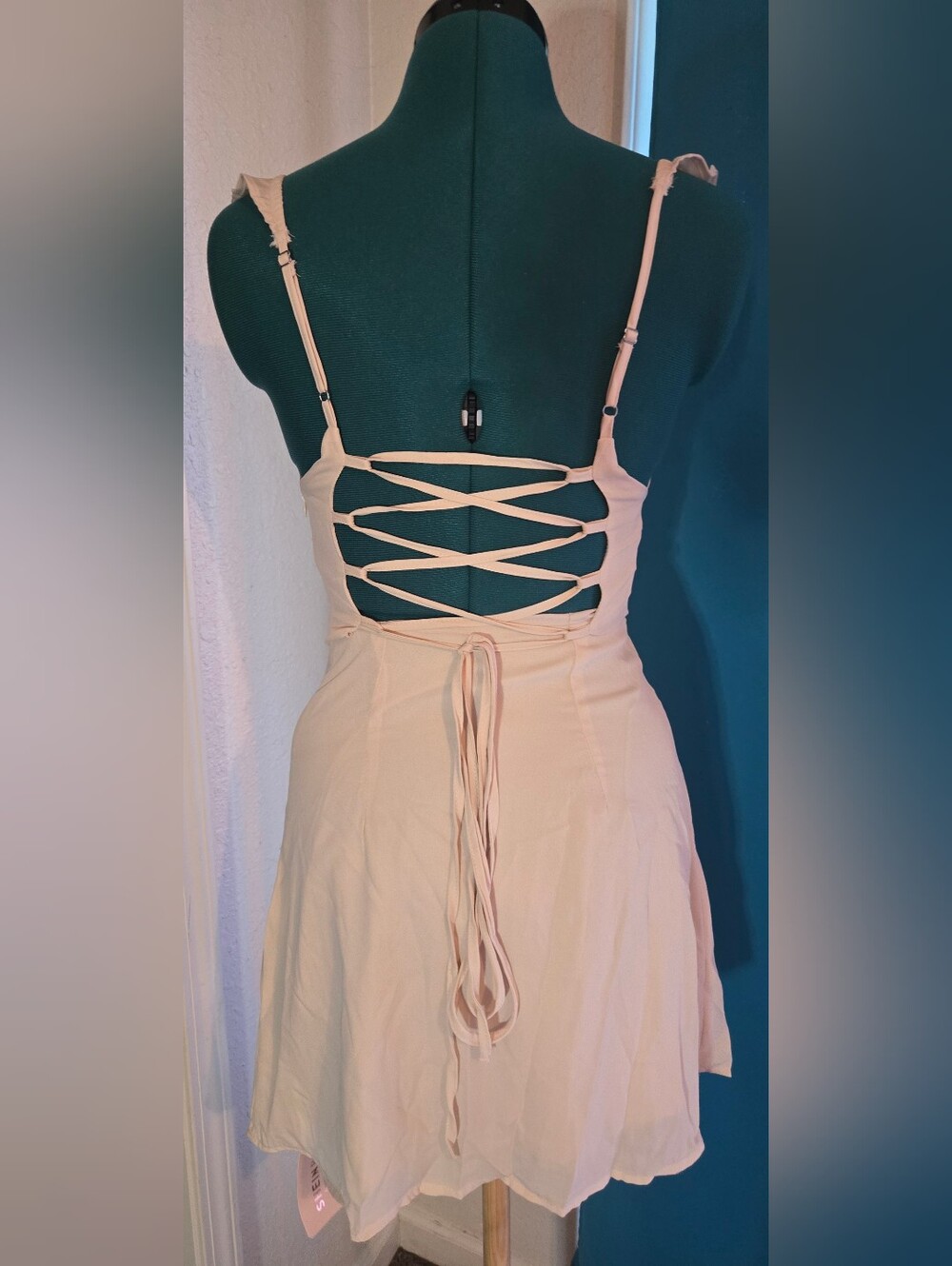 Back Lace-Up Spaghetti Strap Dress in Cream